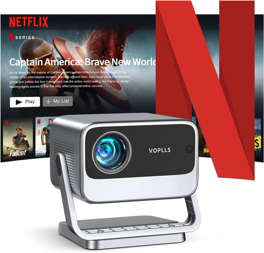 [Netflix Officially & Auto Focus]  4K Projector with Wifi and Bluetooth, 3D Stereo Sound & Auto Keystone Video Projector, 1200ANSI Outdoor Movie Projector, 50% Zoom, MAX 300''Display (Grey)