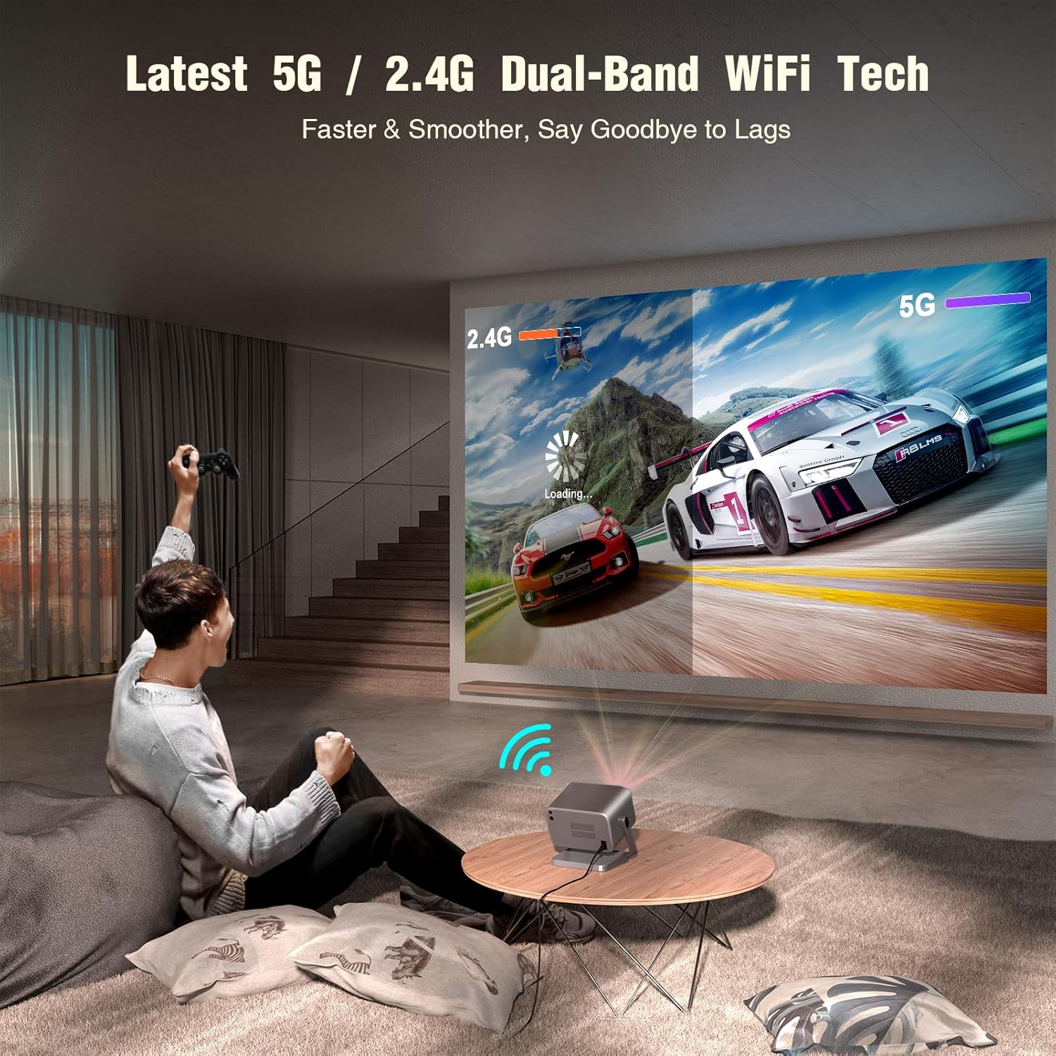 [Netflix Officially & Auto Focus]  4K Projector with Wifi and Bluetooth, 3D Stereo Sound & Auto Keystone Video Projector, 1200ANSI Outdoor Movie Projector, 50% Zoom, MAX 300''Display (Grey)