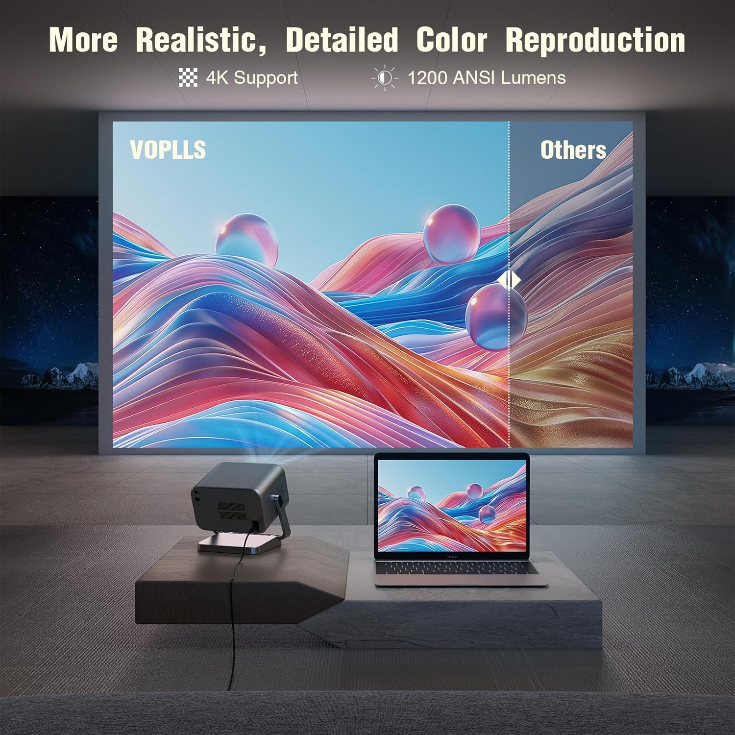 [Netflix Officially & Auto Focus]  4K Projector with Wifi and Bluetooth, 3D Stereo Sound & Auto Keystone Video Projector, 1200ANSI Outdoor Movie Projector, 50% Zoom, MAX 300''Display (Grey)