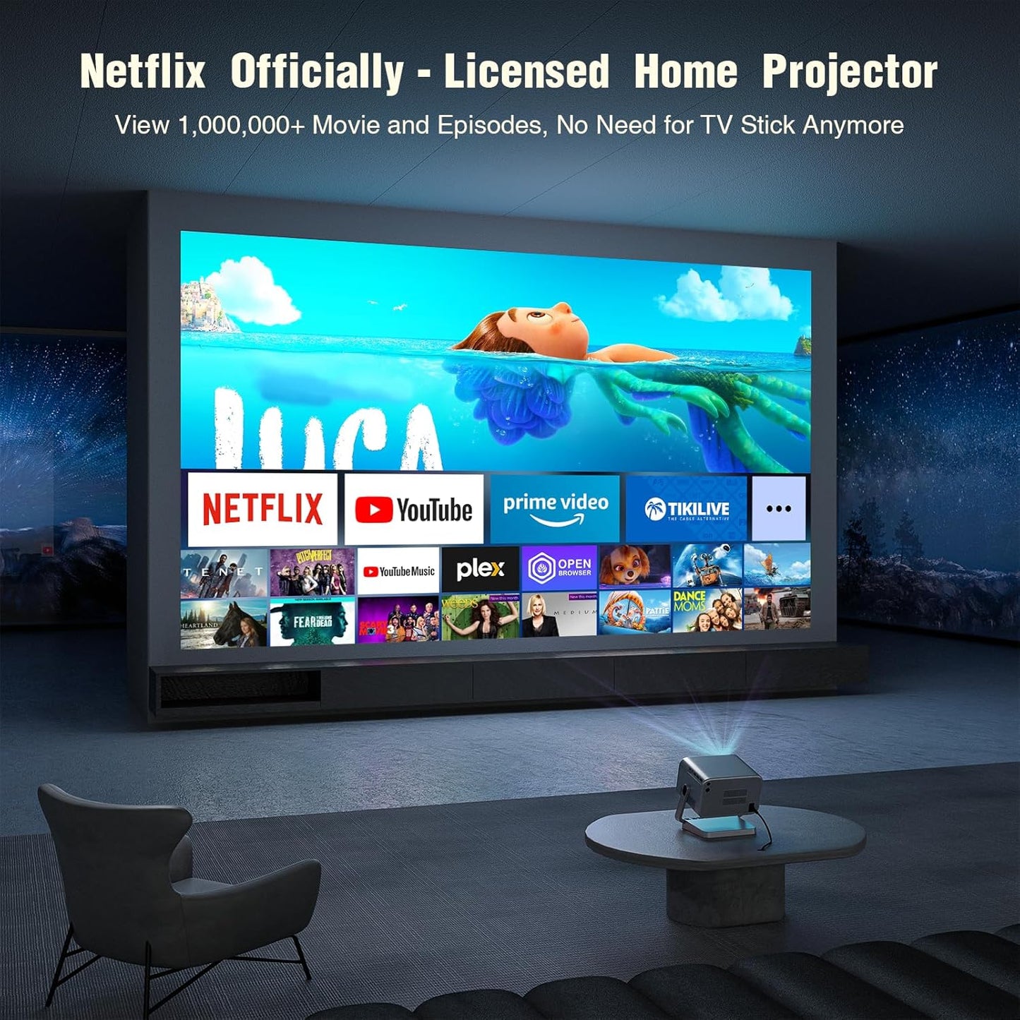 [Netflix Officially & Auto Focus]  4K Projector with Wifi and Bluetooth, 3D Stereo Sound & Auto Keystone Video Projector, 1200ANSI Outdoor Movie Projector, 50% Zoom, MAX 300''Display (Grey)
